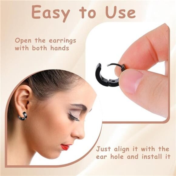 4-Pair Titanium Steel Huggie Hoop Earring Set – Black, Silver, Gold, Oil slick - Picture 3 of 7